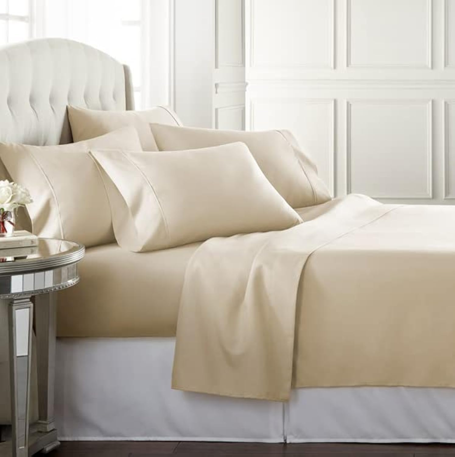 King Sheet Set 6 Piece Hotel Quality Bed Sheet w/ 4 Pillowcases - Microfiber Sheet Sets with Deep Pockets, Breathable Cooling Wrinkle Free, Machine Washable 6 Pc Sheets for King Size Bed, Cream