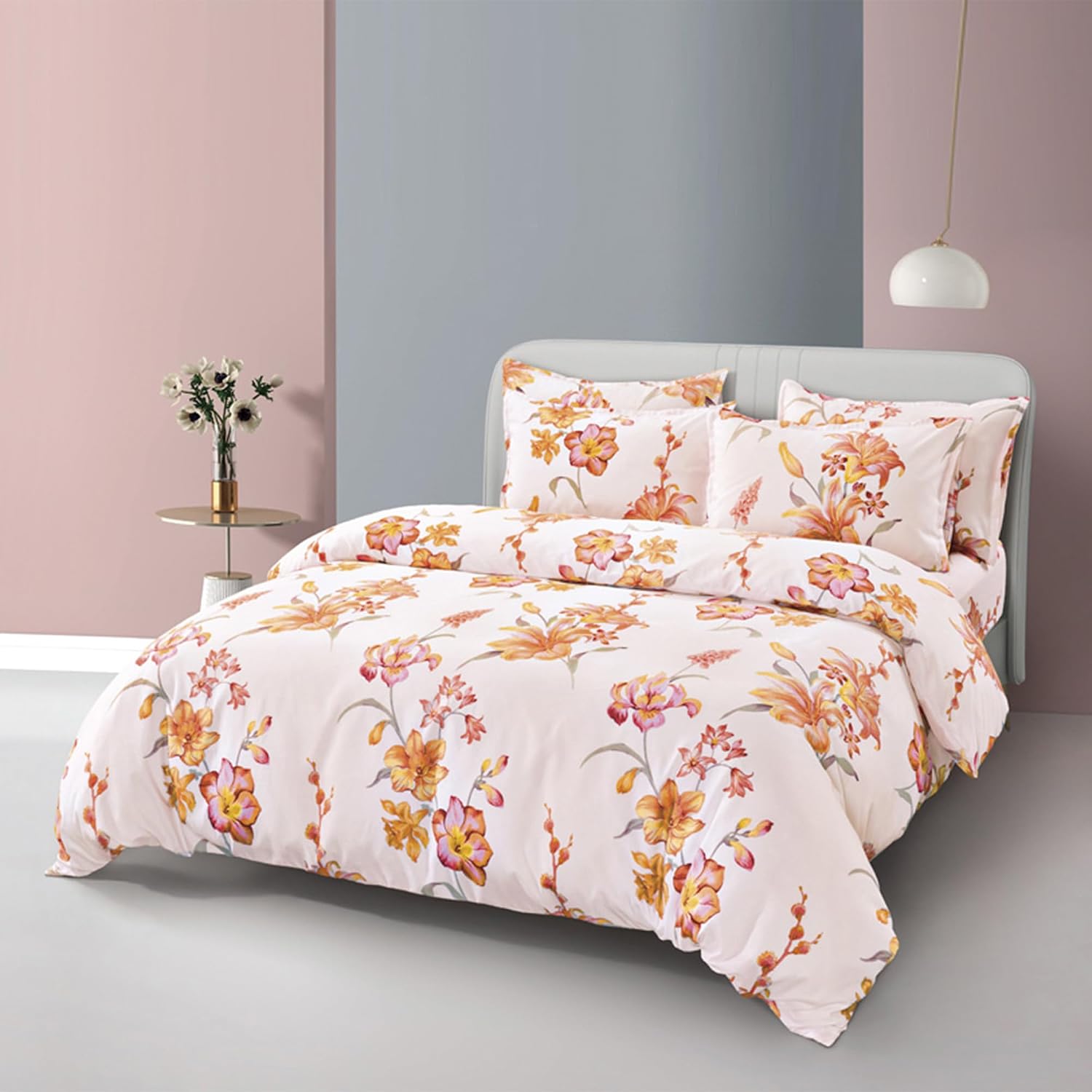 Silkysoft Printed 980TC Cotton-Blend Bedsheet Set – Soft, Lightweight, Hypoallergenic, Full Elastic 14" Deep Pocket Fitted Sheet, Includes Pillow & Bolster Cases, Single to King Sizes