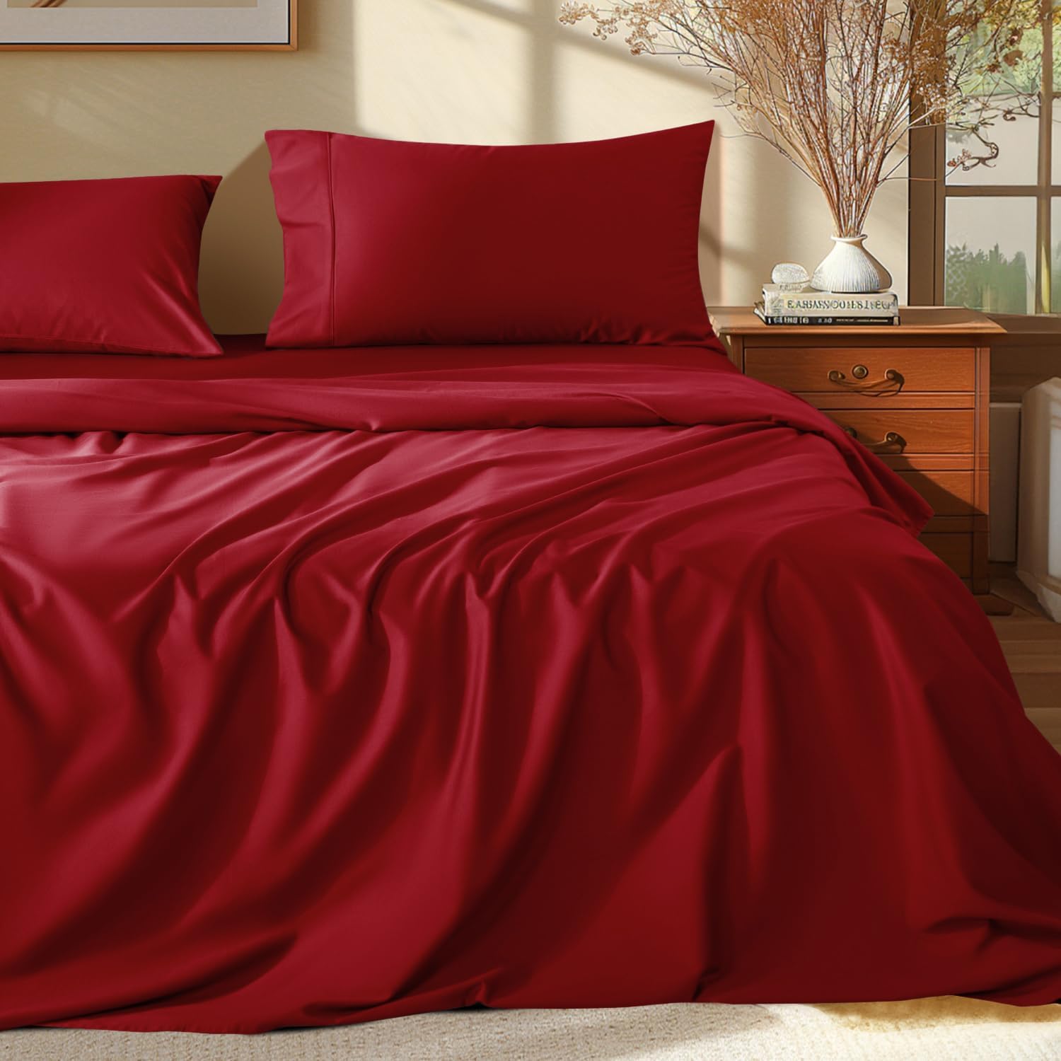 100% Cotton Queen Size Sheets Set - 1000 Thread Count，Luxury Cotton Bed Sheets，Breathable & Cooling Bedding and Pillow Cases, 16 Inch Deep Pocket - 4 Piece (Burgundy, Queen)