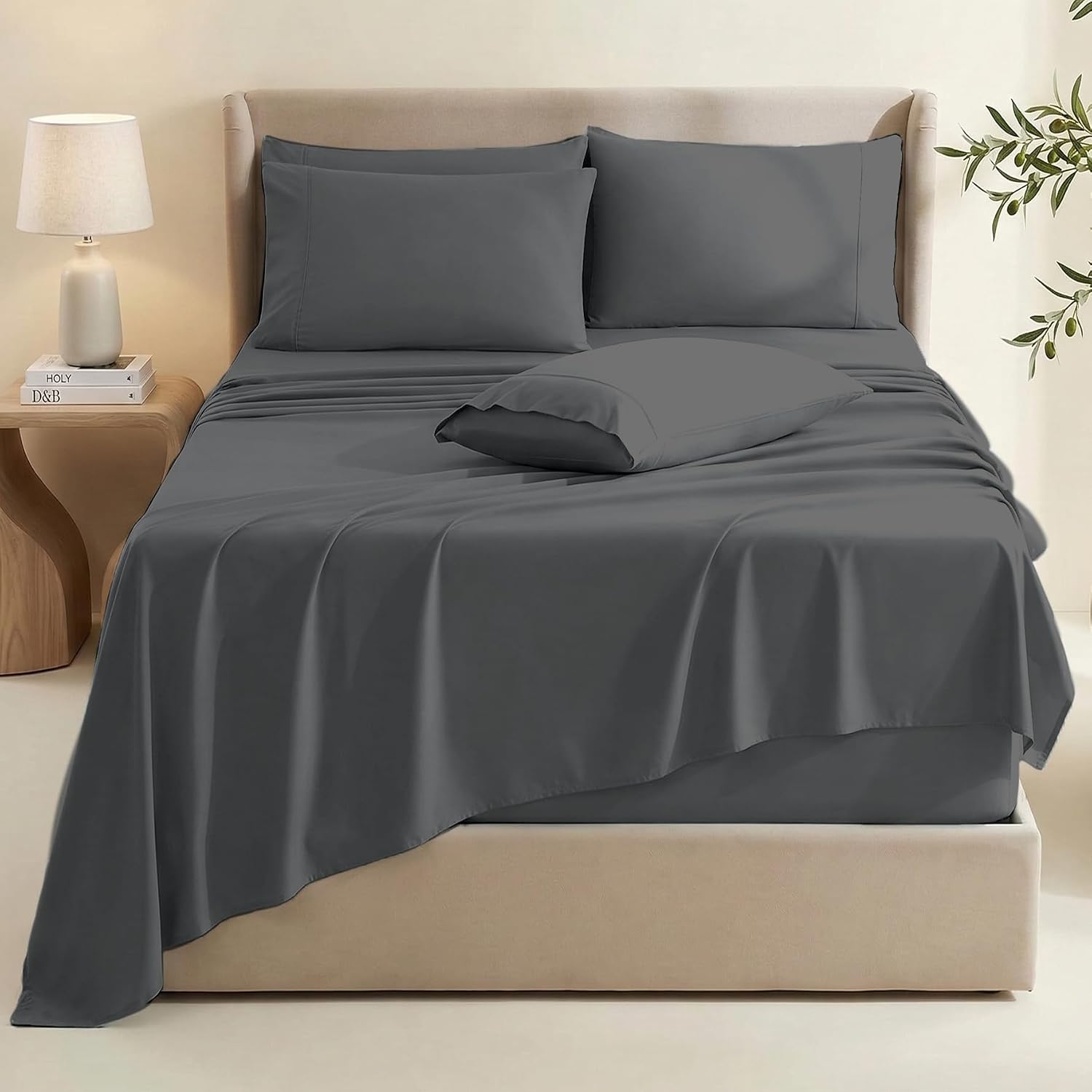Extra Deep Pocket Queen Sheets Sets - Fits Mattress 18-24 Inches Deep - Extra Deep Pocket Sheets - 6 Piece Queen Size Sheets - Queen Sheets Deep Pocket - Grey Sheets