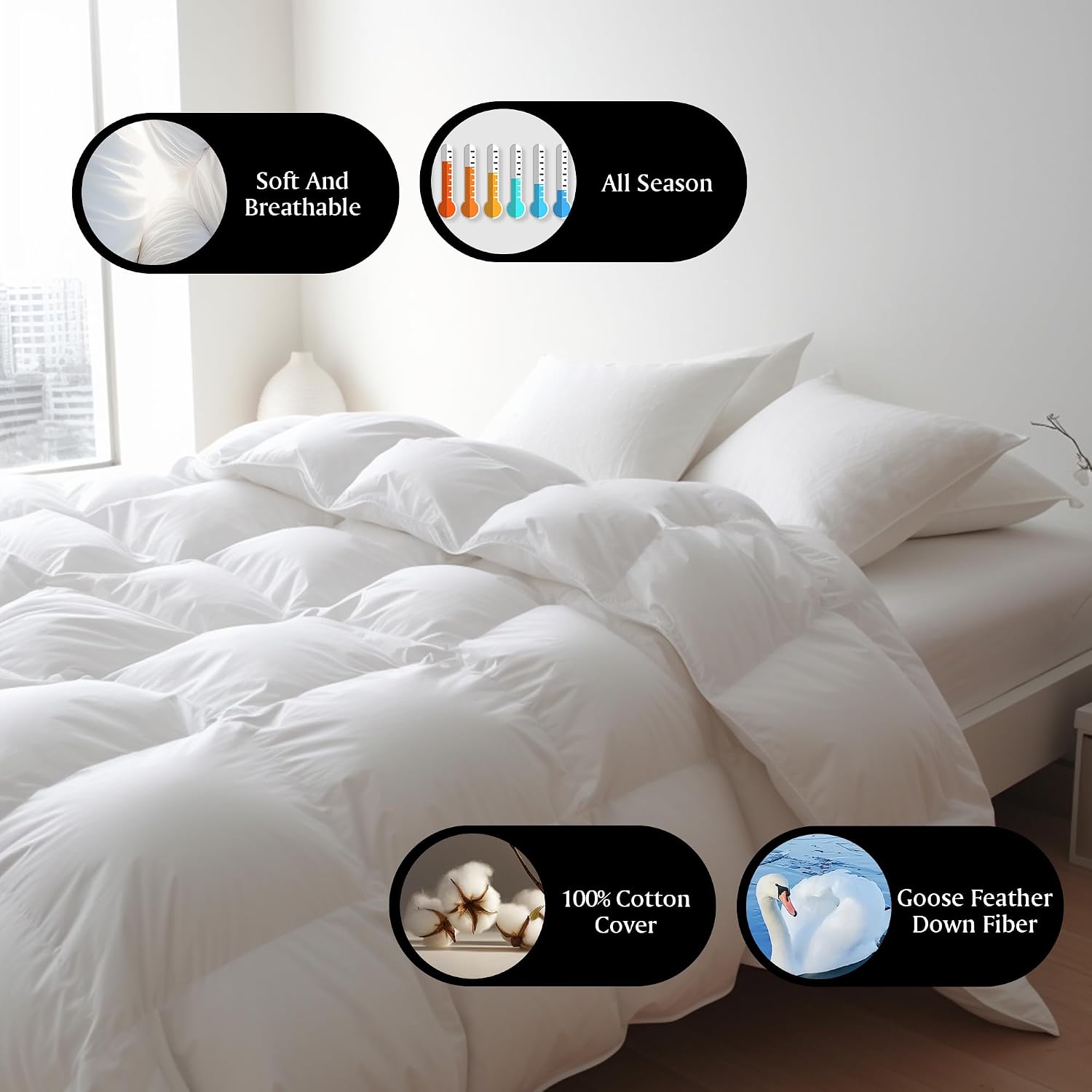 Goose Feather Down Fiber Comforter - Queen Size Duvet Insert, 100% Cotton Cover All Season Comforter Ultra Soft Luxurious Hotel Bedding, 88”x88”
