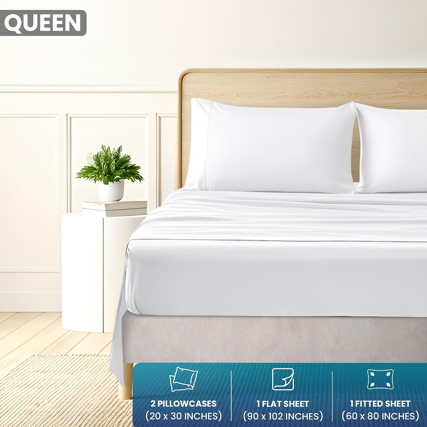 Queen Sheet Set - Brushed Microfiber - Soft Bed Sheets for Queen Size Bed Set - Luxury Bedding Sheets with Fitted Sheet, Flat Sheet & 2 Pillow Cases - Deep Pocket (White)