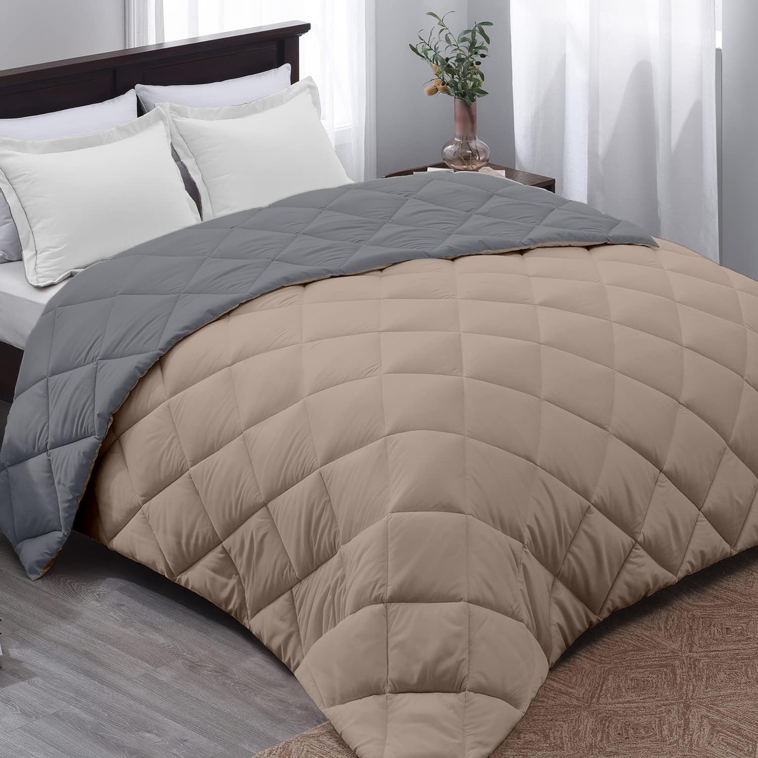 Reversible Comforter 220 GSM Microfiber Reversible AC Comforter/Blanket for Winter/Quilt/Duvets for King Size Double Bed Comforter (90 * 100, Grey & Taupe)