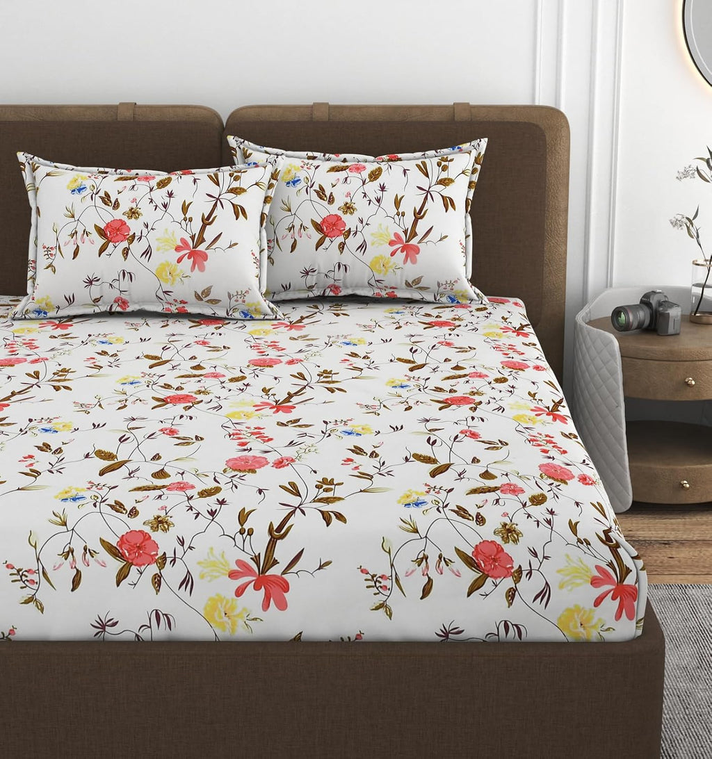 320 TC Cotton Feel All Around Elastic Fitted Floral Bedsheets King Size, Premium Fitted Bedsheets King Size for Double Bed with 2 Pillow Covers, Size- 78" x 72" (White)