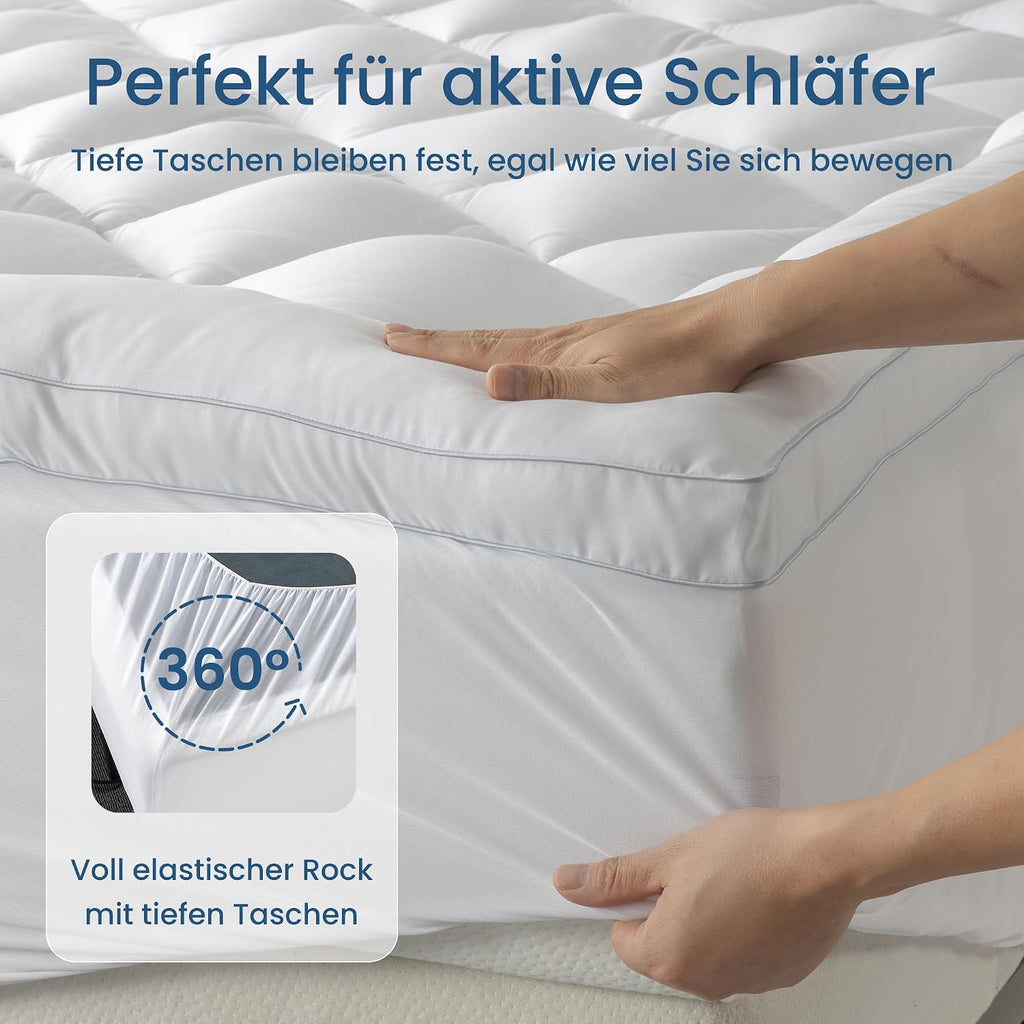 Mattress Topper 160 x 200 cm, White, Ultra Soft Mattress Topper with Deep Pockets, Machine Washable Mattress Protector, Suitable for Mattresses with a Thickness of up to 40 cm