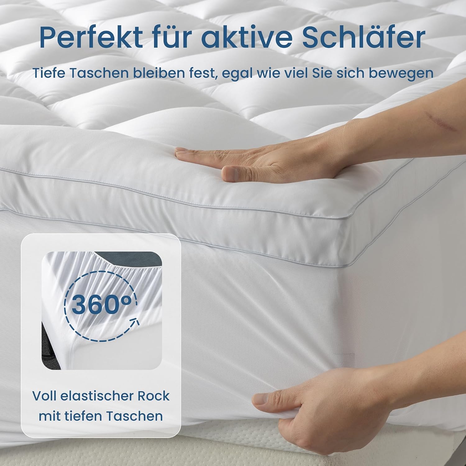 Mattress Topper 160 x 200 cm, White, Ultra Soft Mattress Topper with Deep Pockets, Machine Washable Mattress Protector, Suitable for Mattresses with a Thickness of up to 40 cm