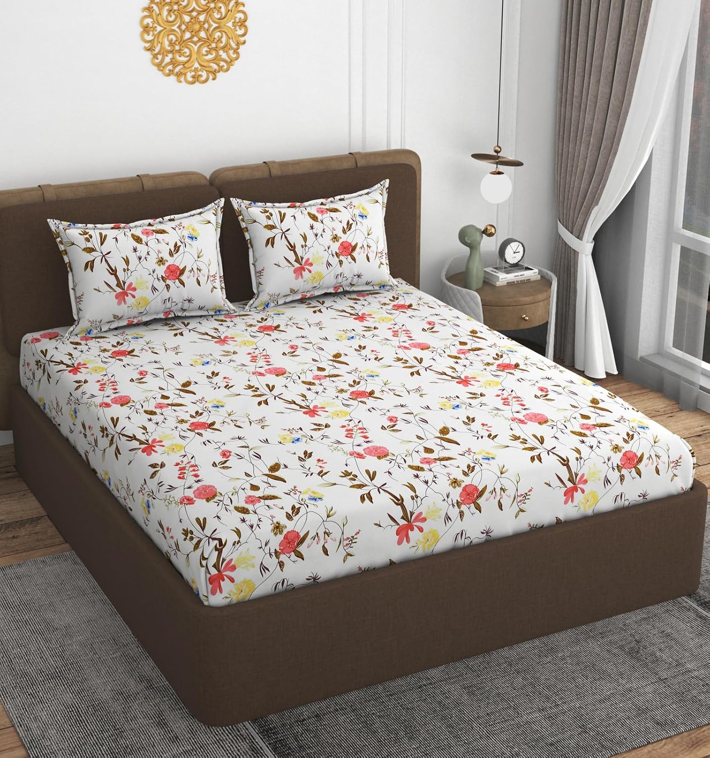 320 TC Cotton Feel All Around Elastic Fitted Floral Bedsheets King Size, Premium Fitted Bedsheets King Size for Double Bed with 2 Pillow Covers, Size- 78" x 72" (White)