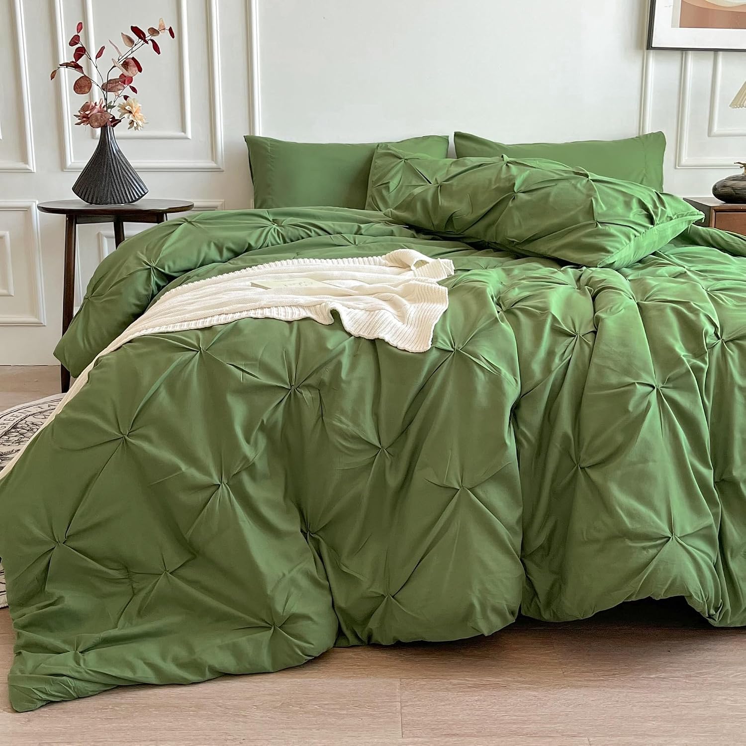 Queen Comforter Set, 7 Pieces Bed in a Bag Queen, Pintuck Bedding Sets with Comforter, Sheets, Pillowcases & Shams - Olive Green