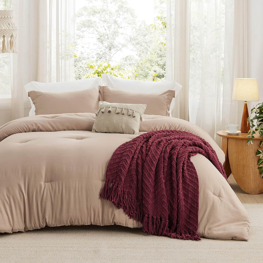 Full Comforter Set with Throw Blanket - 5 Pieces Boho Bedding, Down Alternative Bed in a Bag，Warm Taupe Bed Set with Comforter, Pillow Shams, Throw Pillow, Chenille Blanket