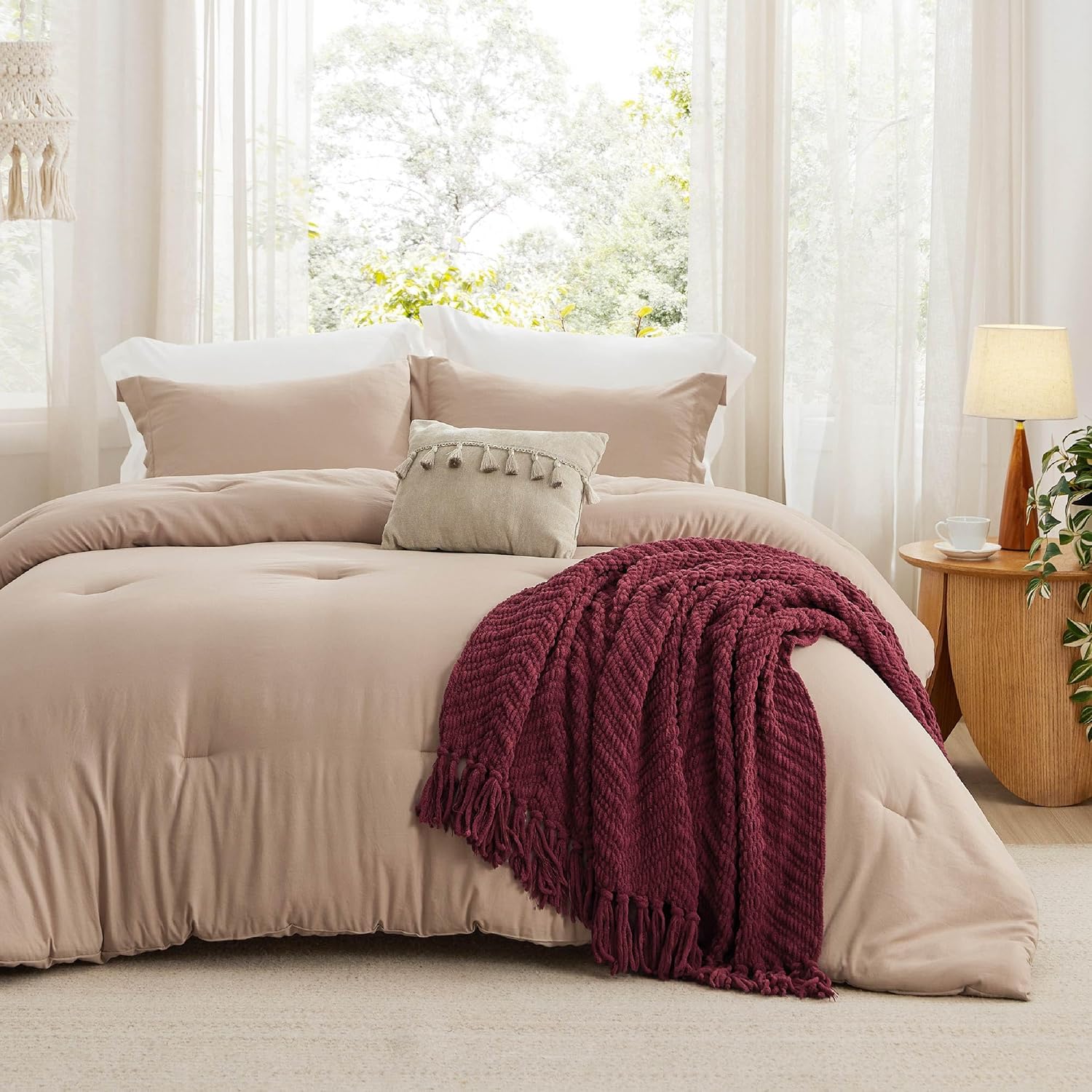 Full Comforter Set with Throw Blanket - 5 Pieces Boho Bedding, Down Alternative Bed in a Bag，Warm Taupe Bed Set with Comforter, Pillow Shams, Throw Pillow, Chenille Blanket