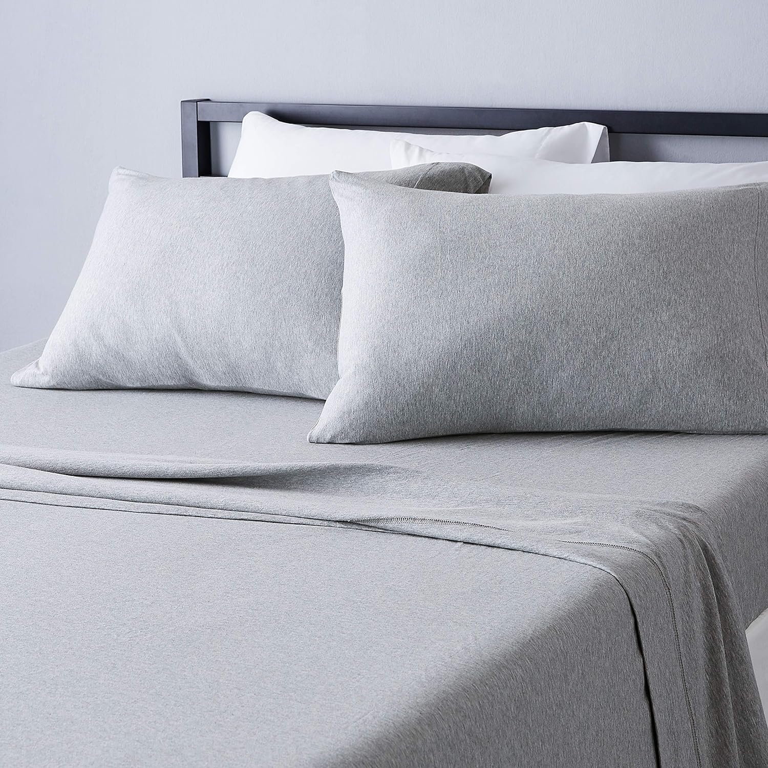 4 Piece Bed Sheets Set, 100% Cotton Jersey, Includes Super Soft, Flat and Fitted Sheets, Pillowcase, King, Light Gray, Solid