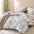 Duvet Cover Queen Size, 3 Pieces Floral Duvet Cover with Black Botanical Patterns Soft Microfiber Bedding Set with Zipper Closure 4 Ties (2 Pillow Cases)-White