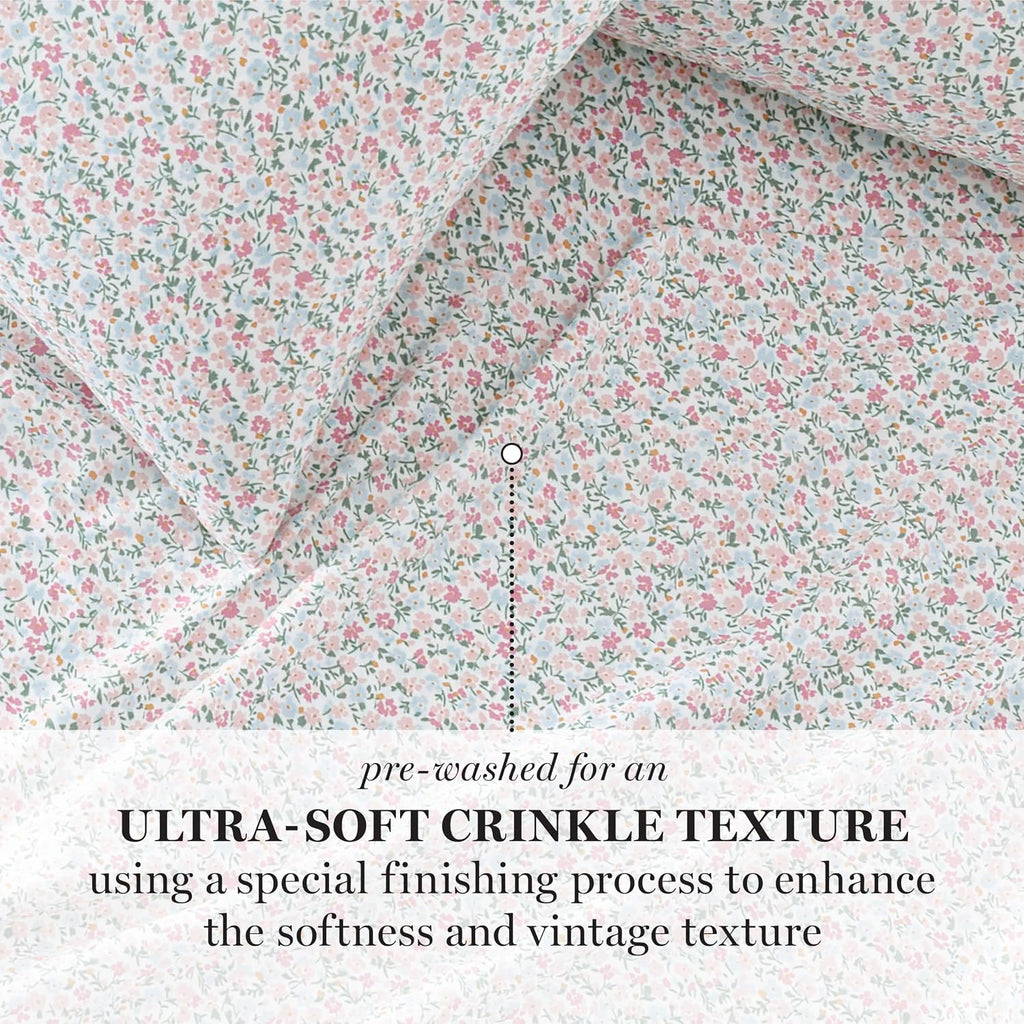 Sea Pink Ditsy Floral Print Full Sheet Set - 4 Piece, Ultra Soft, Washed Microfiber, Printed Pink Blue Bed Sheets, 1 Flat Sheet, 1 Fitted Sheet, 2 Standard Pillowcases