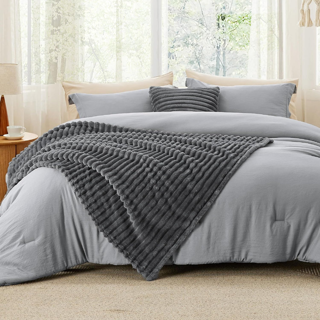 Twin Comforter Set 4 Pieces - Bed in a Bag with Throw Blanket and Decorative Pillow, Lightweight Bedding Comforter Sets, All Season Bedding, Dark Grey