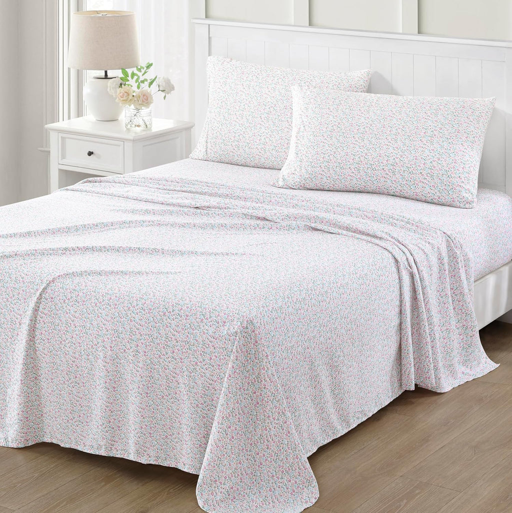 Sea Pink Ditsy Floral Print Full Sheet Set - 4 Piece, Ultra Soft, Washed Microfiber, Printed Pink Blue Bed Sheets, 1 Flat Sheet, 1 Fitted Sheet, 2 Standard Pillowcases